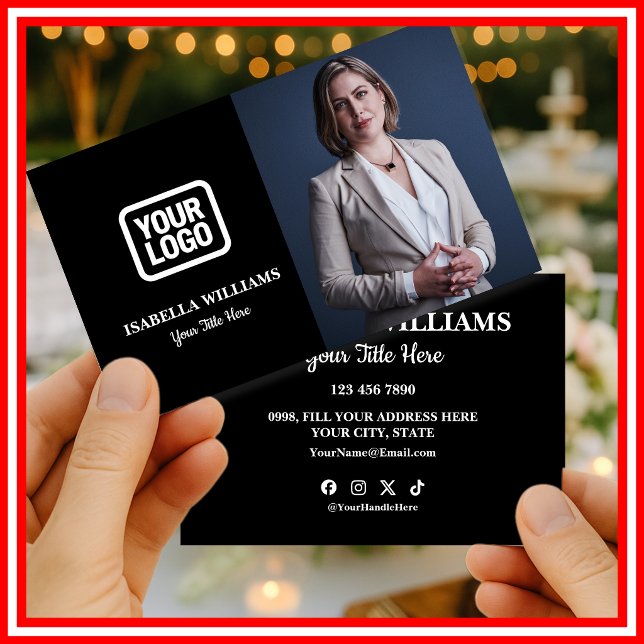 Your Logo Here Simple Modern Black Photo Business Card (Creator Uploaded)