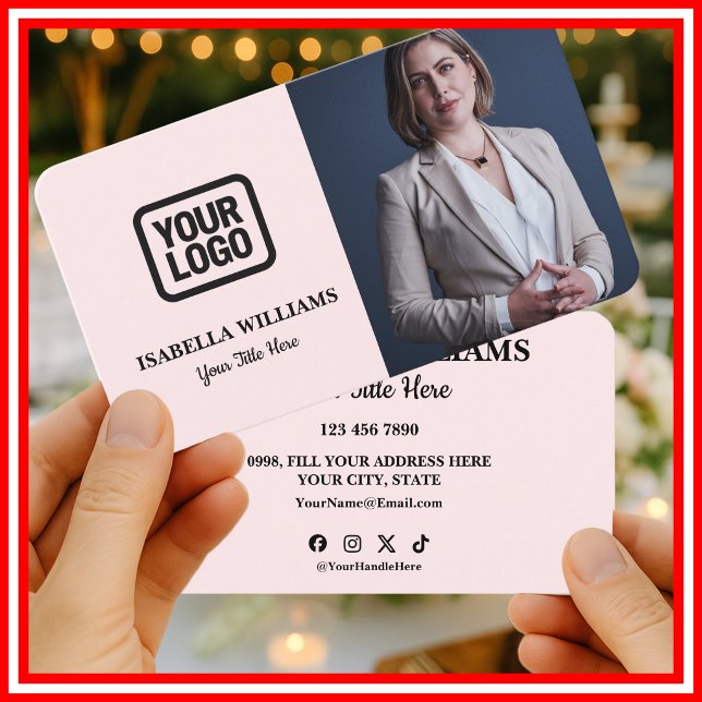 Your Logo Here Simple Modern Pink Photo Business Card (Creator Uploaded)