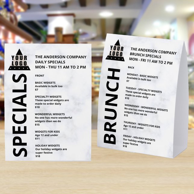 Your Logo Marble 5x7 Promotion Single Column List (Custom 5 x 7 paper table tents personalized with your logo and text on a gray marble background)