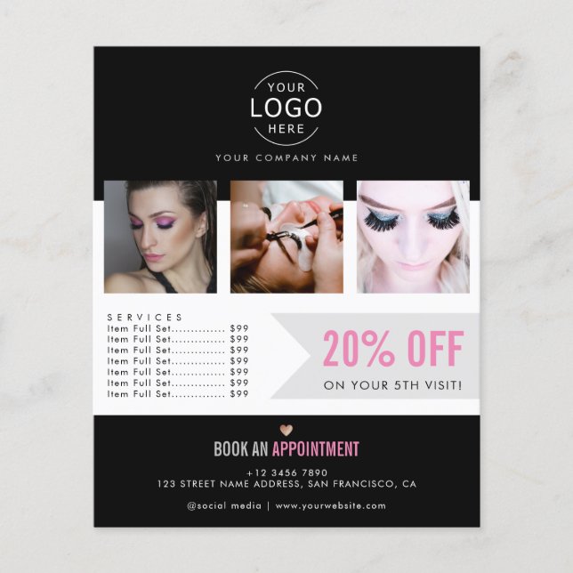 Your Logo Modern Black Pink Beauty Salon Promo Flyer (Front)