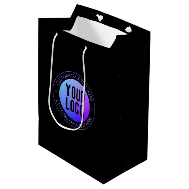 Your Logo & Modern Blue & Purple Ombre Gradient Medium Gift Bag (Front Angled)