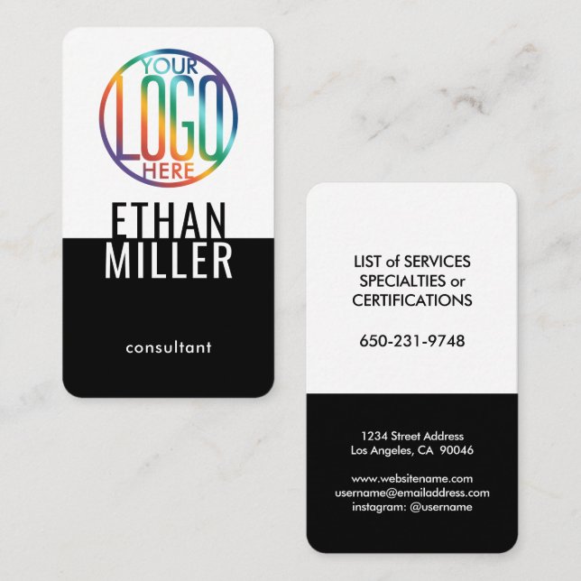 Your Logo Modern Minimalist Black & White Vertical Business Card (Front/Back)