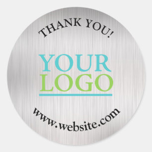 Your Logo Name & Website Brushed Silver Black Text Classic Round Sticker