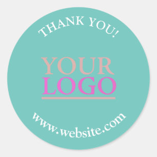 Your Logo, Name & Website Promo, Teal & White Text Classic Round Sticker