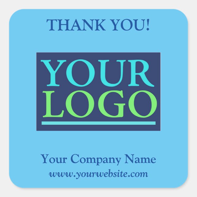 Your Logo, Name & Website, Thank You, Sky Blue Square Sticker (Front)