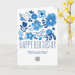 Your Logo Navy Blue Flowers Happy Birthday Card