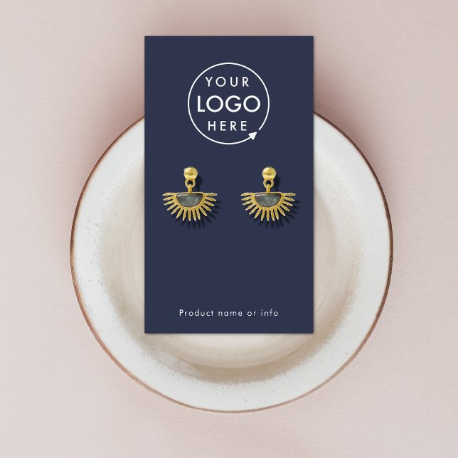 Your Logo | Navy Blue Modern Earring Display Card (Modern sleek navy blue earring display card by Guava - clean, stylish, and customizable)