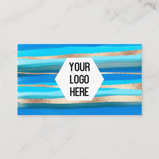 Your Logo Ocean Blue Gold Abstract Paint Stripes Business Card (Front)