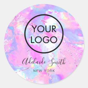 your logo on pink purple opal classic round sticker