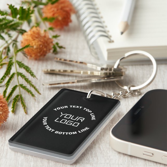 Your Logo or Image & Editable Text | Black & White Key Ring (Front Right)