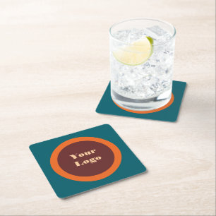 Your Logo Orange Brown Teal Square Paper Coaster
