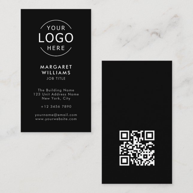 Your Logo QR Code Black Minimalist Professional Business Card (Front/Back)