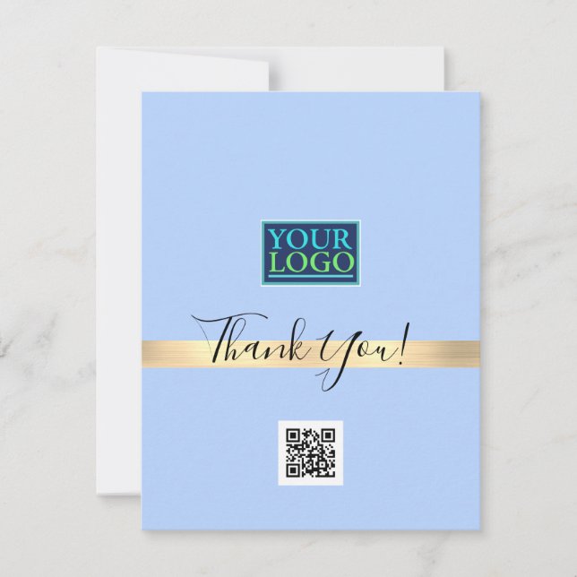 Your Logo QR Code Bus Name, Gold Stripe Light Blue Thank You Card (Front)