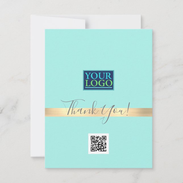 Your Logo QR Code Bus Name, Gold Stripe Light Teal Thank You Card (Front)