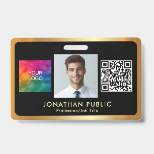 Your Logo QR Code Employee Photo Black & Gold ID Badge
