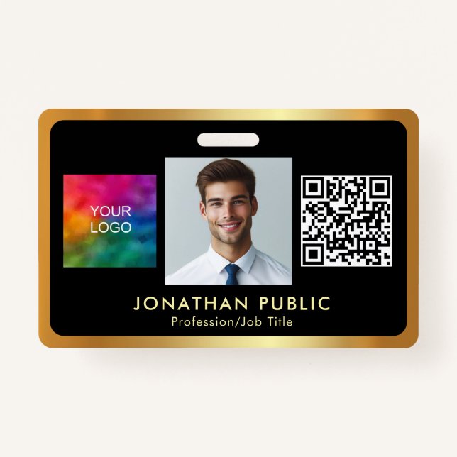 Your Logo QR Code Employee Photo Black & Gold ID Badge (Front)