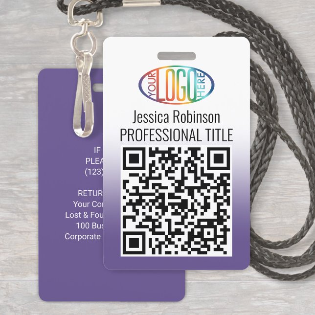 Your Logo, QR Code, Name and Title Purple Gradient ID Badge (Creator Uploaded)