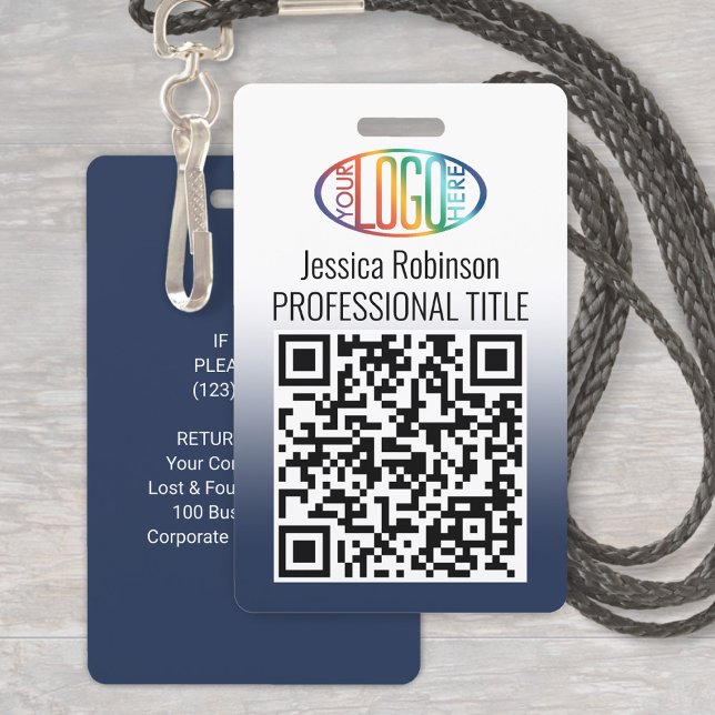 Your Logo, QR, Name and Title Navy Blue Gradient ID Badge (Creator Uploaded)