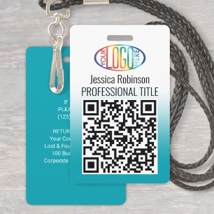 Your Logo, QR, Name and Title Teal Blue Gradient ID Badge
