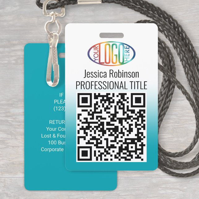 Your Logo, QR, Name and Title Teal Blue Gradient ID Badge (Creator Uploaded)