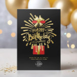 Your Logo Red Gold Fireworks Black Group Birthday Card<br><div class="desc">Customise this fun original modern business Happy Birthday Card. Stylish design featuring faux gold fireworks with hand lettering Happy Birthday text from an opened red watercolor gift box with faux gold ribbon. Please note that the gold elements are beige yellow flat colour print and not an actual gold foil. Replace...</div>