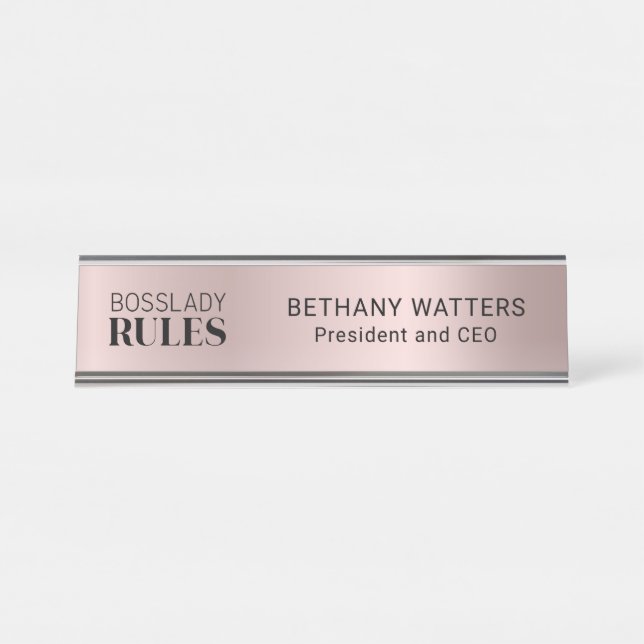 Your Logo Rose Gold Blush Metallic Chic Modern Desk Name Plate (Front)