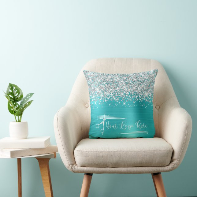 Your Logo Silver Glitter Turquoise Blue Glam Cushion (Chair)