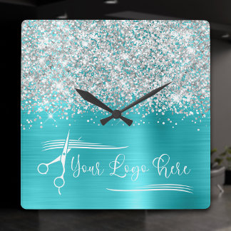 Your Logo Silver Glitter Turquoise Blue Glam Square Wall Clock