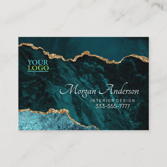 Your Logo Teal Agate Gold Blk Elegant Professional Business Card (Front)