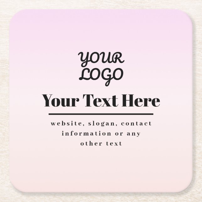 Your Logo & Text | Pink & Peach Ombre Square Paper Coaster (Front)