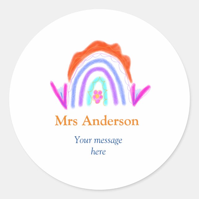 Your message e add text name rainbow teacher classic round sticker (Front)