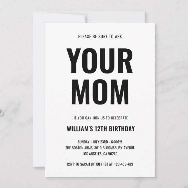 Your Mom Funny Joke Teen 12th Birthday Invitation (Front)