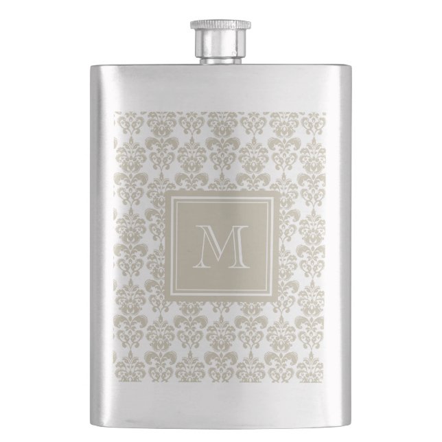Your Monogram, Beige Damask Pattern 2 Hip Flask (Front)