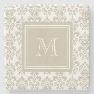 Your Monogram, Beige Damask Pattern 2 Stone Coaster