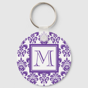 Your Monogram, Dark Purple Damask Pattern 2 Key Ring