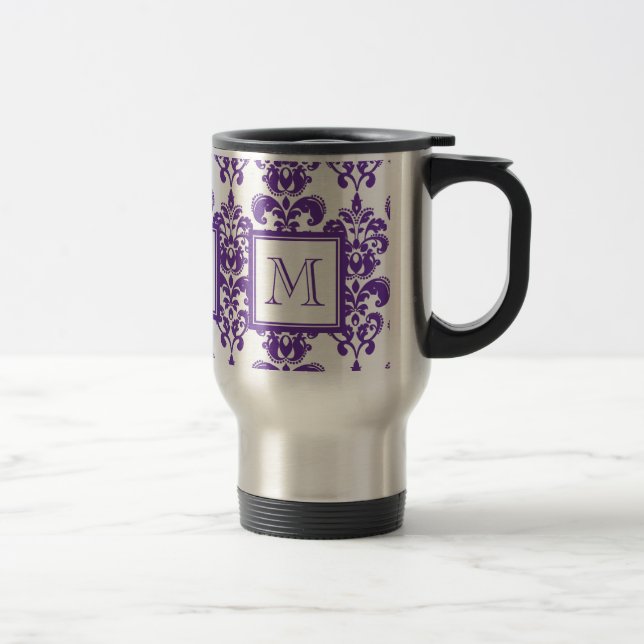 Your Monogram, Dark Purple Damask Pattern 2 Travel Mug (Right)