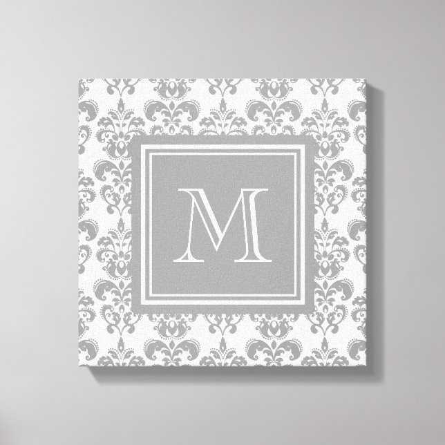 Your Monogram, Grey Damask Pattern 2 Canvas Print (Front)