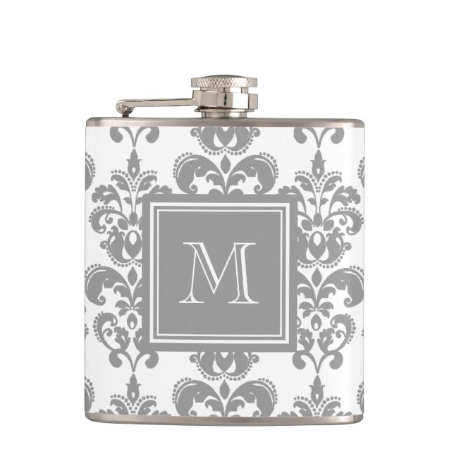 Your Monogram, Grey Damask Pattern 2 Hip Flask (Front)