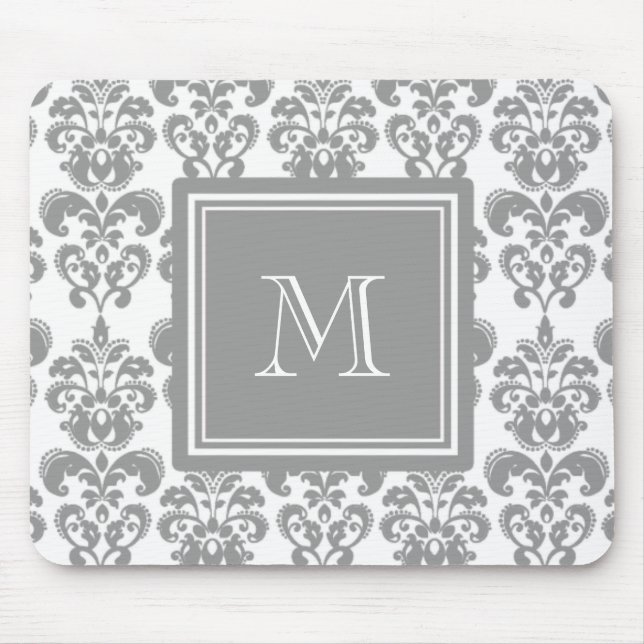 Your Monogram, Grey Damask Pattern 2 Mouse Mat (Front)