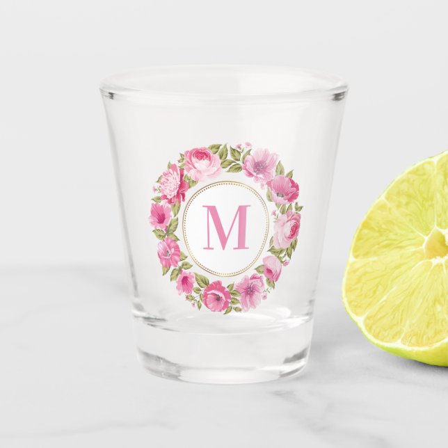 Your Monogram in Flower Frame shot glass (Front)
