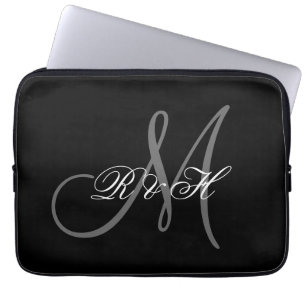 YOUR MONOGRAM INITIALS SIMPLE BLACK GREY LAPTOP SLEEVE