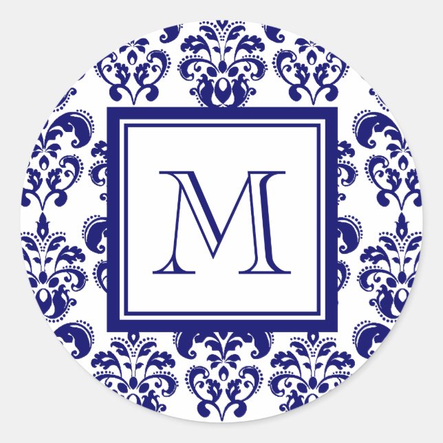Your Monogram, Navy Blue Damask Pattern 2 Classic Round Sticker (Front)