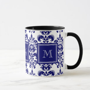 Your Monogram, Navy Blue Damask Pattern 2 Mug