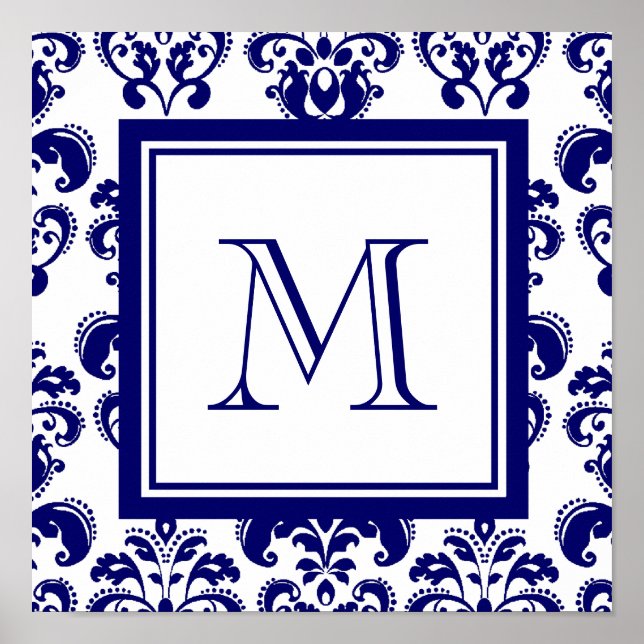 Your Monogram, Navy Blue Damask Pattern 2 Poster (Front)