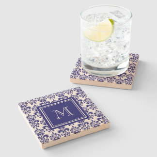 Your Monogram, Navy Blue Damask Pattern 2 Stone Coaster