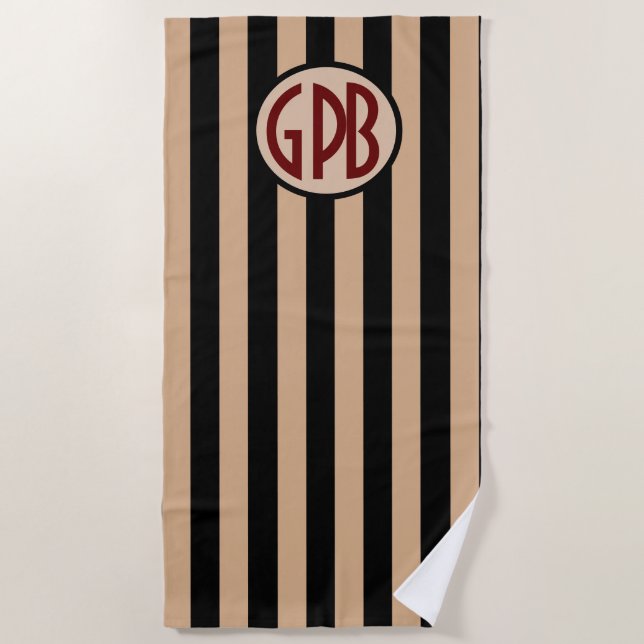 Your monogram on Black & Tan Cabana stripes Beach Towel (Front)