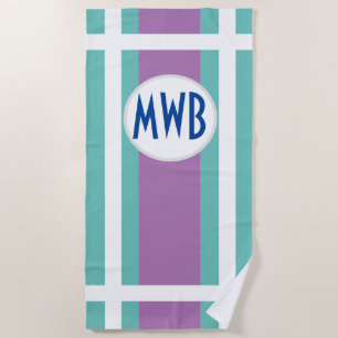 Your monogram on Teal & Purple, w/ White borders Beach Towel