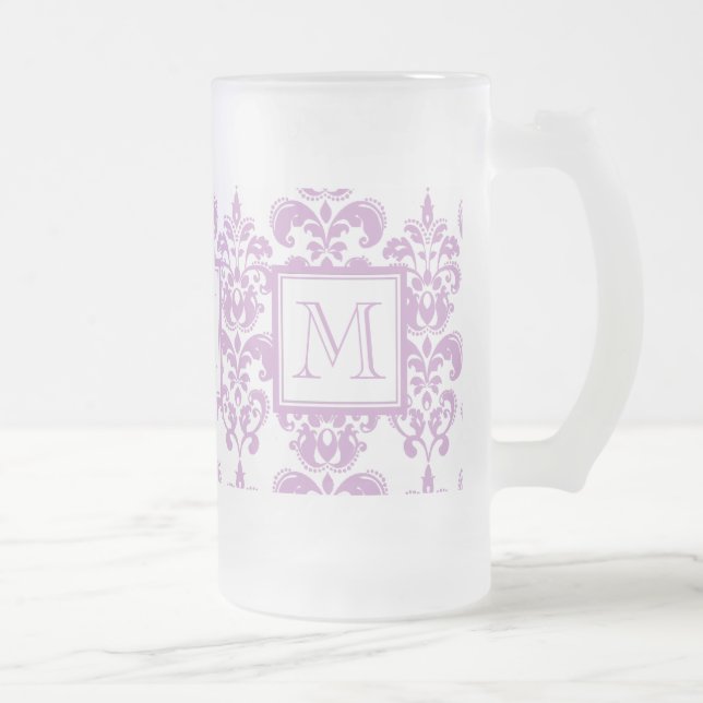 Your Monogram, Purple Damask Pattern 2 Frosted Glass Beer Mug (Right)