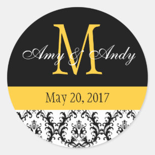 Your Monogram, Save the Date Damask Black Yellow Classic Round Sticker