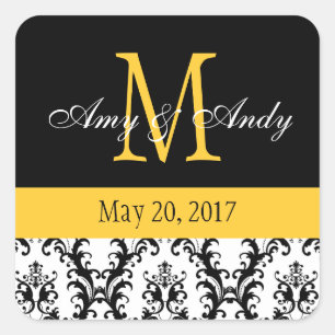 Your Monogram, Save the Date Damask Black Yellow Square Sticker